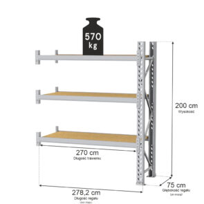 Regał magazynowy 3-półkowy MGL MAGO HX H-200 cm L-278.2 cm G-75 cm 570 kg moduł dostawny szary