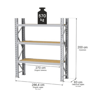 Regał magazynowy 3-półkowy MGL MAGO HX H-200 cm L-286.4 cm G-63 cm 570 kg moduł bazowy szary
