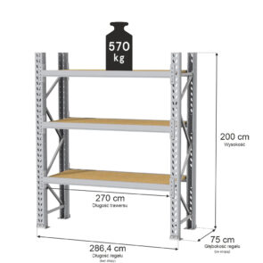 Regał magazynowy 3-półkowy MGL MAGO HX H-200 cm L-286,4 cm G-75 cm 570 kg moduł bazowy szary