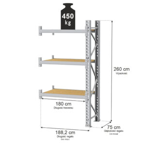 Regał magazynowy 3-półkowy MGL MAGO HX H-260 cm L-188.2 cm G-75 cm 450 kg moduł dostawny szary