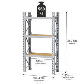 Regał magazynowy 3-półkowy MGL MAGO HX H-260 cm L-196.4 cm G-63 cm 550 kg moduł bazowy szary
