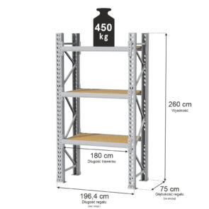 Regał magazynowy 3-półkowy MGL MAGO HX H-260 cm L-196.4 cm G-75 cm 450 kg moduł bazowy szary