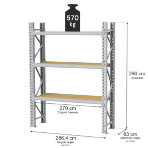 Regał magazynowy 3-półkowy MGL MAGO HX H-260 cm L-286.4 cm G-63 cm 570 kg moduł bazowy szary