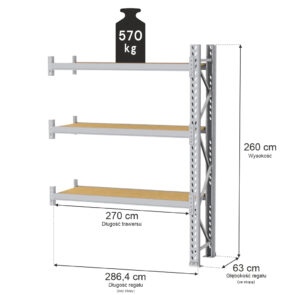 Regał magazynowy 3-półkowy MGL MAGO HX H-260 cm L-286.4 cm G-63 cm moduł dostawny 570 kg