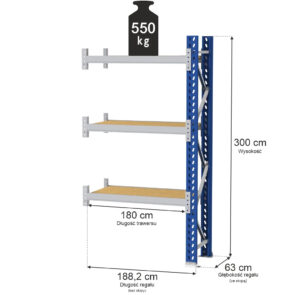 Zdjęcie produktu: Regał magazynowy 3-półkowy MGL MAGO HX H-300 cm L-188.2 cm G-63 cm 550 kg moduł dostawny niebiesko-szary