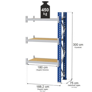 Zdjęcie produktu: Regał magazynowy 3-półkowy MGL MAGO HX H-300 cm L-188.2 cm G-75 cm 450 kg moduł dostawny niebiesko-szary