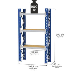 Zdjęcie produktu: Regał magazynowy 3-półkowy MGL MAGO HX H-300 cm L-196.4 cm G-63 cm 550 kg moduł bazowy niebiesko-szary