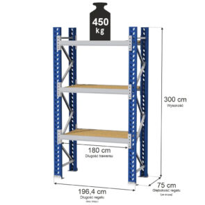 Zdjęcie produktu: Regał magazynowy 3-półkowy MGL MAGO HX H-300 cm L-196.4 cm G-75 cm  450 kg moduł bazowy niebiesko-szary