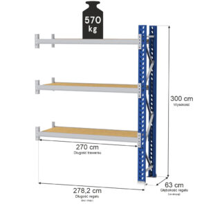 Zdjęcie produktu: Regał magazynowy 3-półkowy MGL MAGO HX H-300 cm L-278.2 cm G-63 cm 570 kg moduł dostawny niebiesko-szary