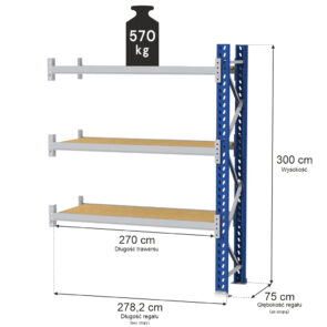 Zdjęcie produktu: Regał magazynowy 3-półkowy MGL MAGO HX H-300 cm L-278.2 cm G-75 cm  570 kg moduł dostawny niebiesko-szary
