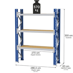 Zdjęcie produktu: Regał magazynowy 3-półkowy MGL MAGO HX H-300 cm L-286.4 cm G-63 cm 570 kg moduł bazowy niebiesko-szary