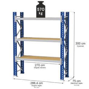 Zdjęcie produktu: Regał magazynowy 3-półkowy MGL MAGO HX H-300 cm L-286.4 cm G-75 cm 570 kg moduł bazowy niebiesko-szary