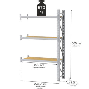 Zdjęcie produktu: Regał magazynowy 3-półkowy MGL MAGO HX H-360 cm L-278,2 cm G-75 cm 570 kg moduł dostawny szary