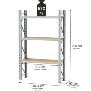 Zdjęcie produktu: Regał magazynowy 3-półkowy MGL MAGO HX H-360 cm L-286.4 cm G-63 cm 570 kg moduł bazowy szary
