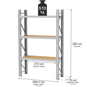 Zdjęcie produktu: Regał magazynowy 3-półkowy MGL MAGO HX H-360 cm L-286.4 cm G-75 cm 570 kg moduł bazowy szary