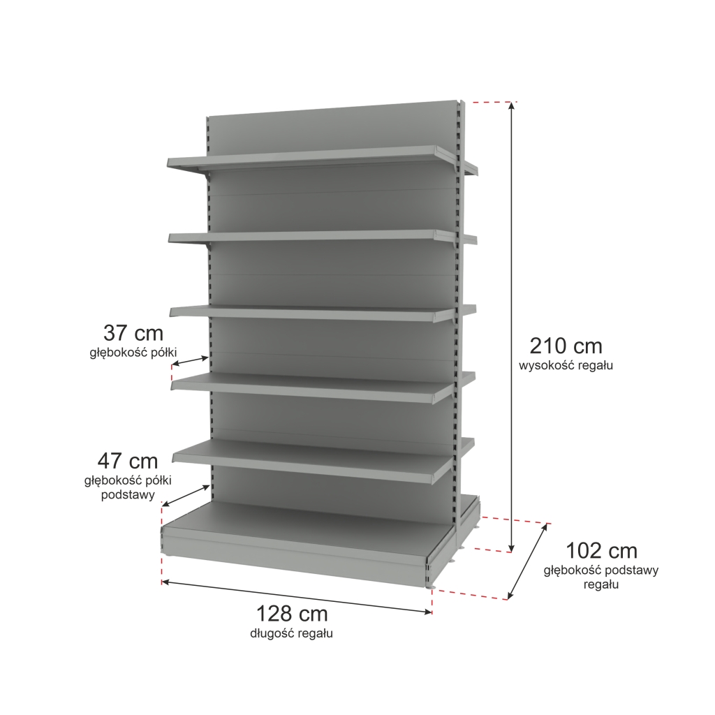 Regał sklepowy MAGO gondola H-210 cm L-128 cm moduł bazowy jasny szary-MPP00721 wymiarowanie