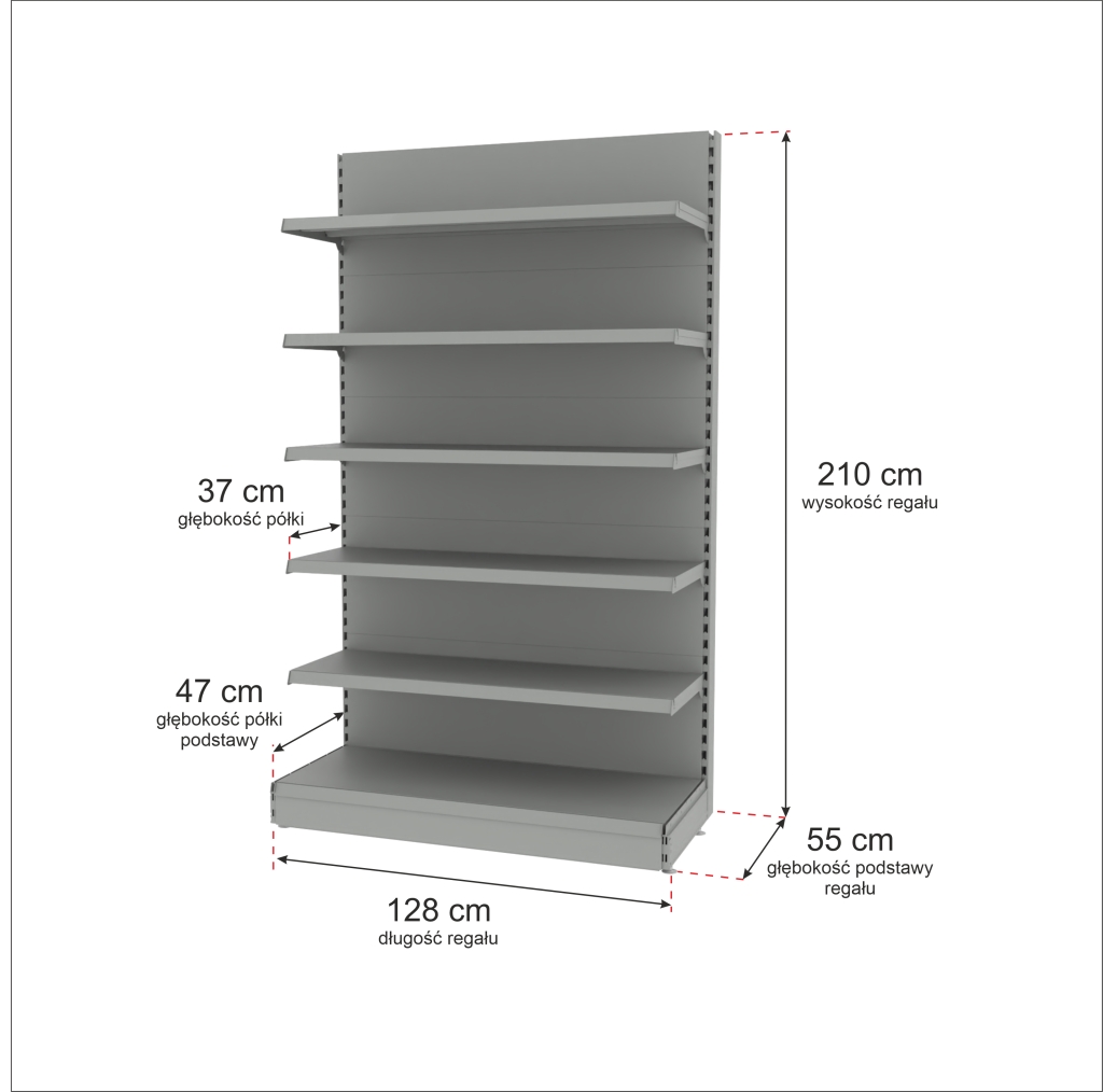 Regał sklepowy MAGO szczytowy H-210 cm L-128 cm jasny szary-MPP000745 wymiarowanie