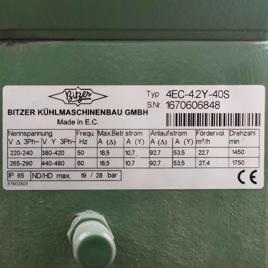 Zestaw sprężarkowy BITZER 3x4EC-4.2Y-40S wydajność 3x22,7 m3h MPP000830 tabliczka znamionowa zielona