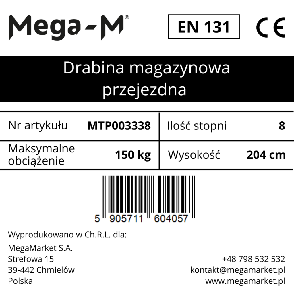 Drabina magazynowa przejezdna pomost magazynowy Mega-M H 204 cm 8 stopni