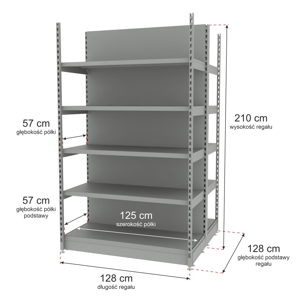 Regał sklepowy wzmacniany gondola Mago H-210 cm L-128 cm G-57 cm moduł bazowy jasny szary MPP000790