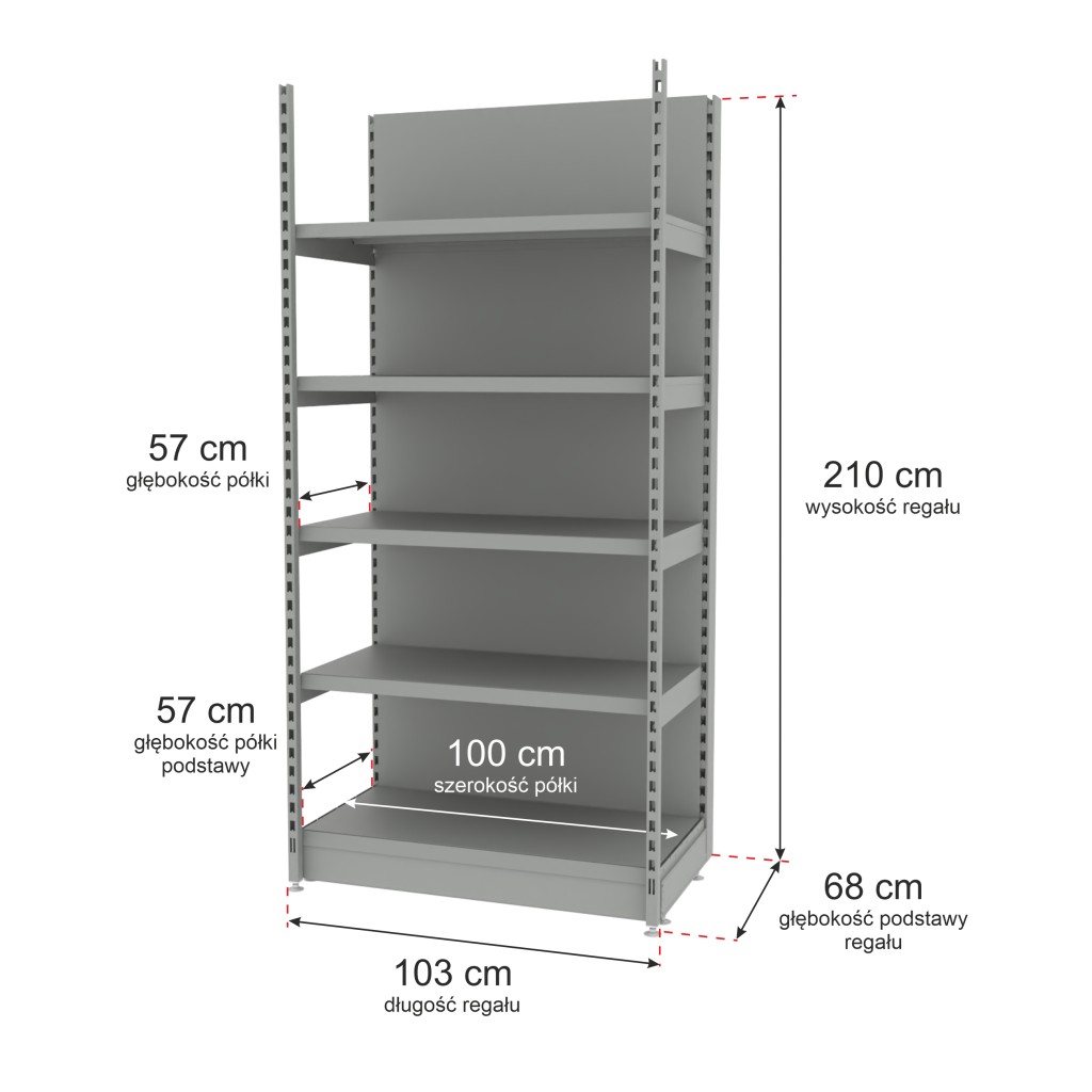 Regał sklepowy wzmacniany przyścienny Mago H-210 cm L-103 cm G-57 cm moduł bazowy jasny szary MPP000804