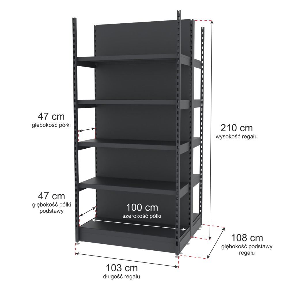 Regał sklepowy wzmocniony MAGO gondola H-210 cm L-103 cm G-47 cm moduł bazowy grafitowy mpp000765