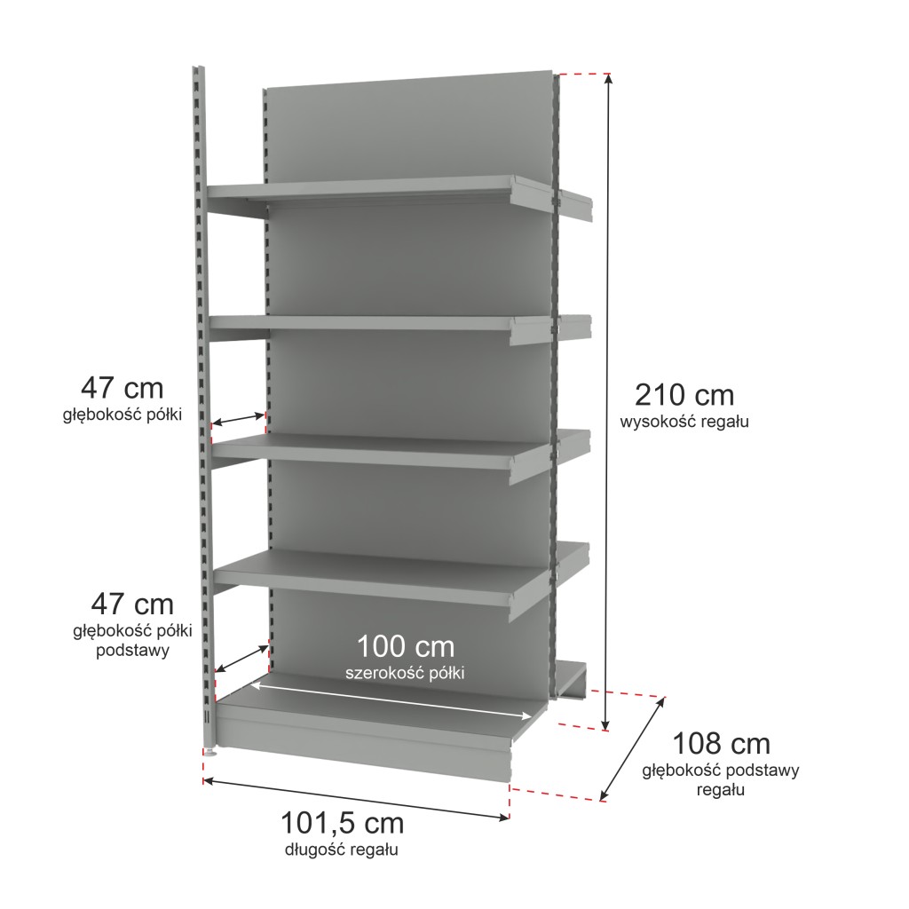 Regał sklepowy wzmocniony gondola Mago H-210 cm L-101,5 cm G-47 cm moduł dostawny jasny szary MPP000785