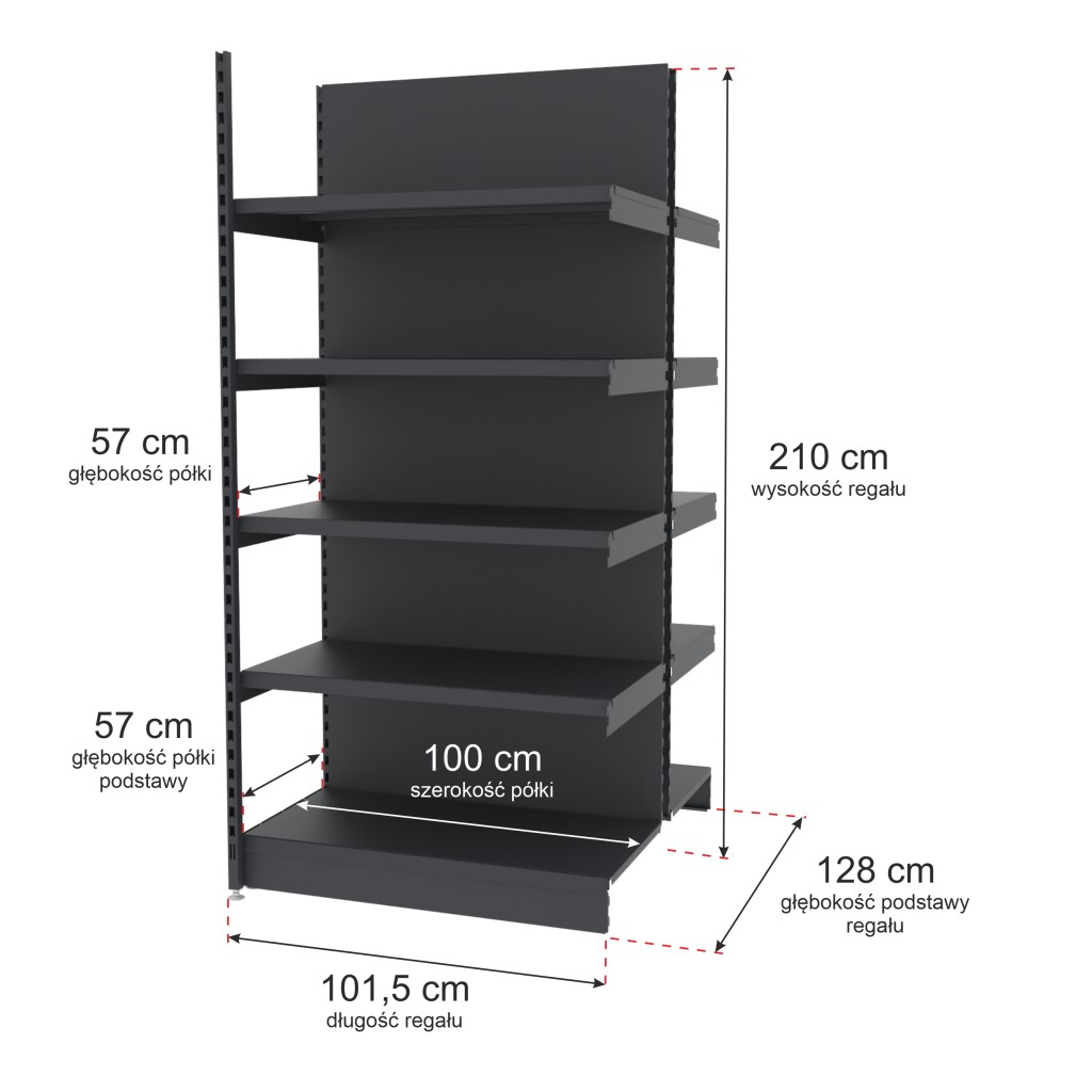 Regał sklepowy wzmocniony gondola Mago H-210 cm L-101,5 cm G-57 cm moduł dostawny grafitowy MPP000770