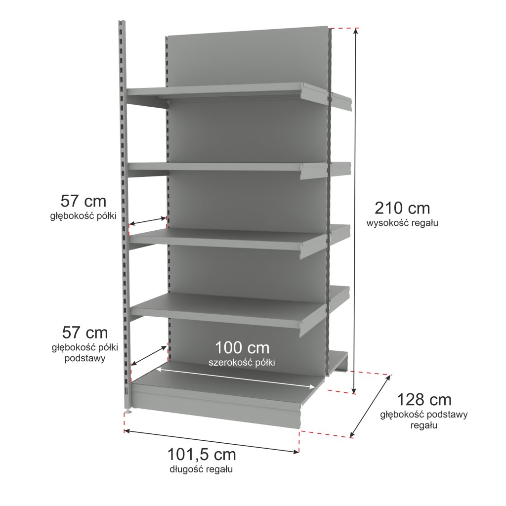 Regał sklepowy wzmocniony gondola Mago H-210 cm L-101,5 cm G-57 cm moduł dostawny jasny szary MPP000789