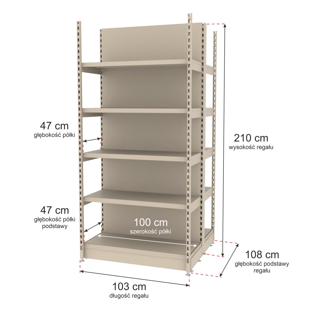 Regał sklepowy wzmocniony gondola Mago H-210 cm L-103 cm G-47 cm moduł bazowy kremowy MPP000776