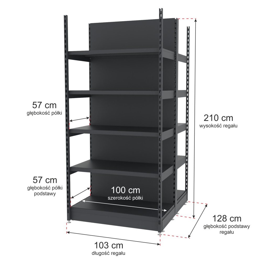 Regał sklepowy wzmocniony gondola Mago H-210 cm L-103 cm G-57 cm moduł bazowy grafitowy MPP000769