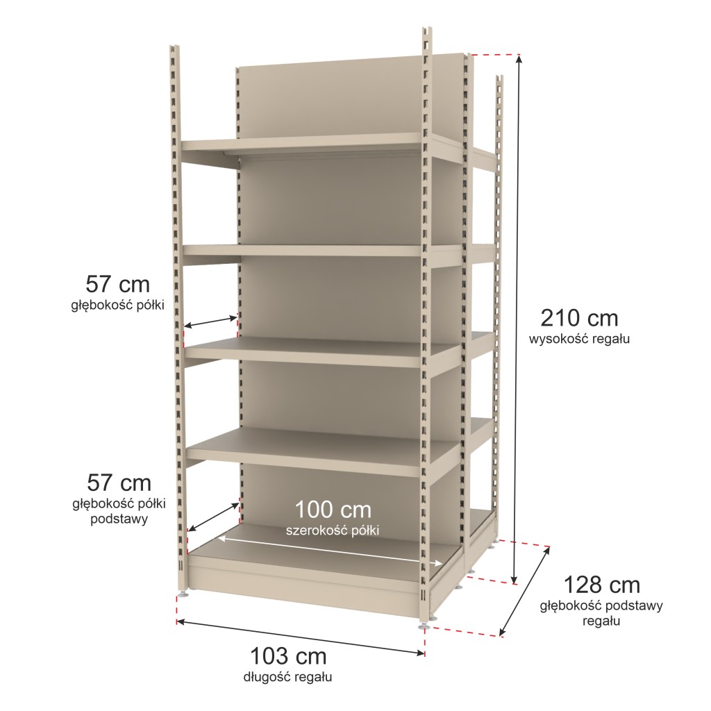 Regał sklepowy wzmocniony gondola Mago H-210 cm L-103 cm G-57 cm moduł bazowy kremowy MPP000780