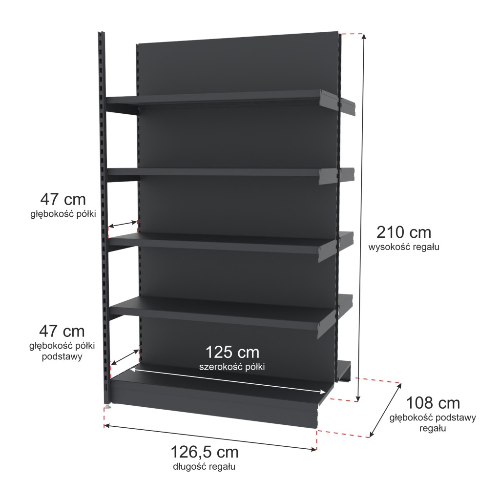 Regal sklepowy wzmocniony gondola Mago H-210 cm L-1265 cm G-47 cm modul dostawny grafitowy MPP000768