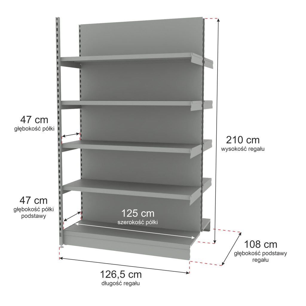 Regał sklepowy wzmocniony gondola Mago H-210 cm L-126,5 cm G-47 cm moduł dostawny jasny szary MPP000787