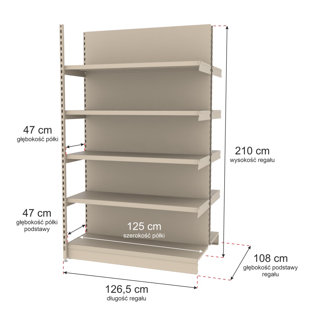 Regał sklepowy wzmocniony gondola Mago H-210 cm L-126,5 cm G-47 cm moduł dostawny kremowy MPP000779