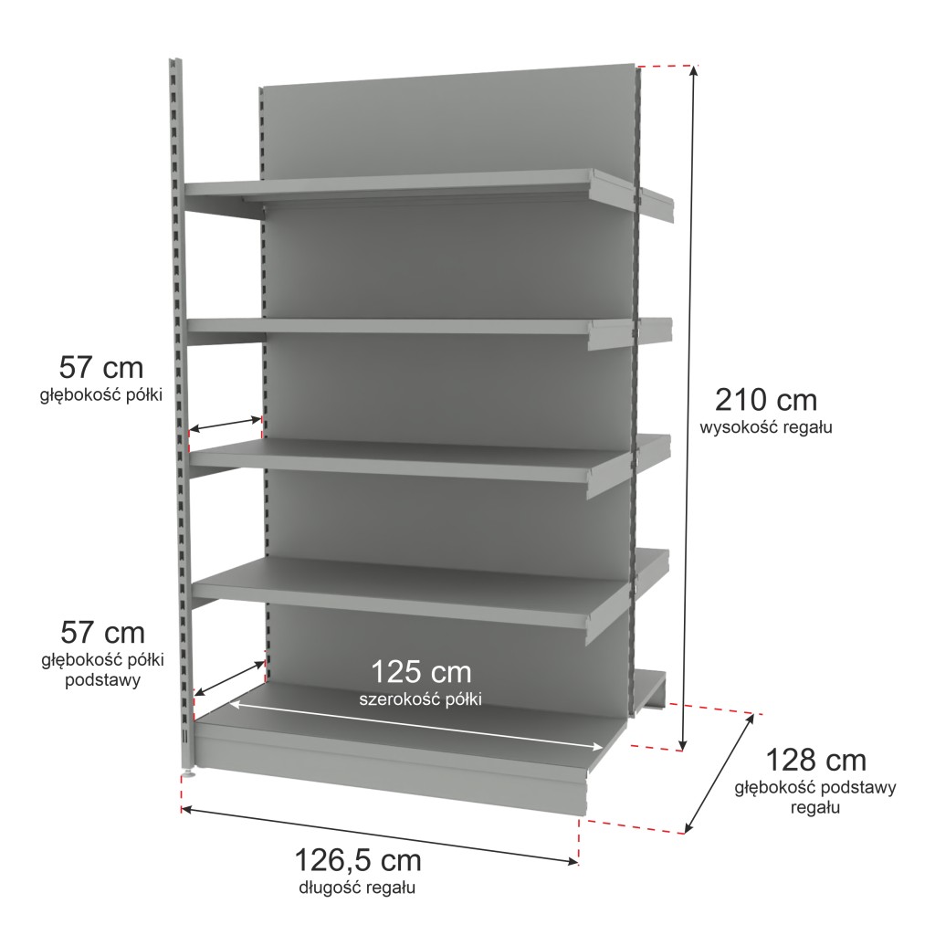 Regał sklepowy wzmocniony gondola Mago H-210 cm L-126,5 cm G-57 cm moduł dostawny jasny szary MPP000791