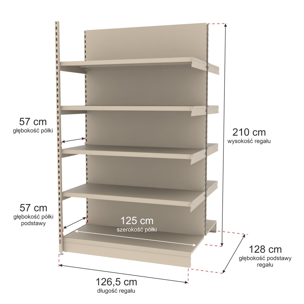 Regal sklepowy wzmocniony gondola Mago H-210 cm L-1265 cm G-57 cm modul dostawny kremowy MPP000783