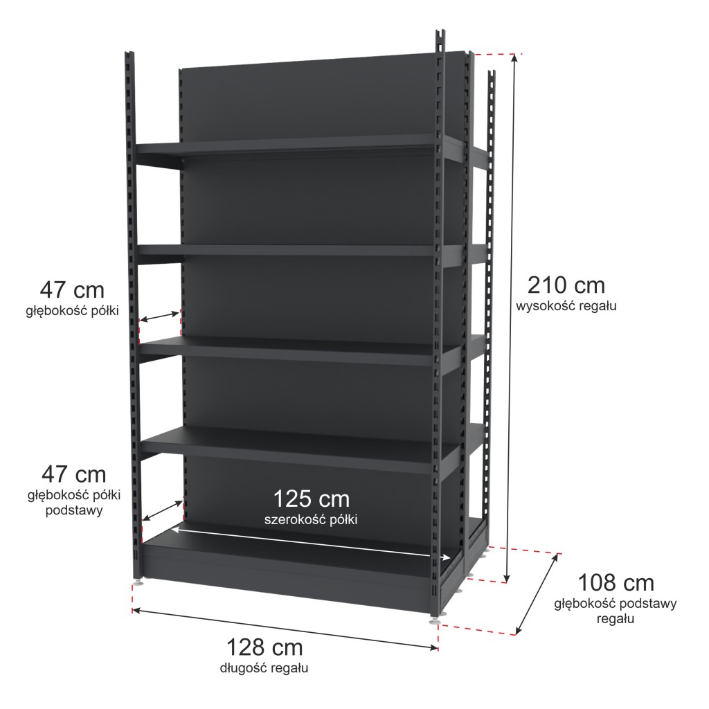 Regał sklepowy wzmocniony gondola Mago H-210 cm L-128 cm G-47 cm moduł bazowy grafitowy MPP000767