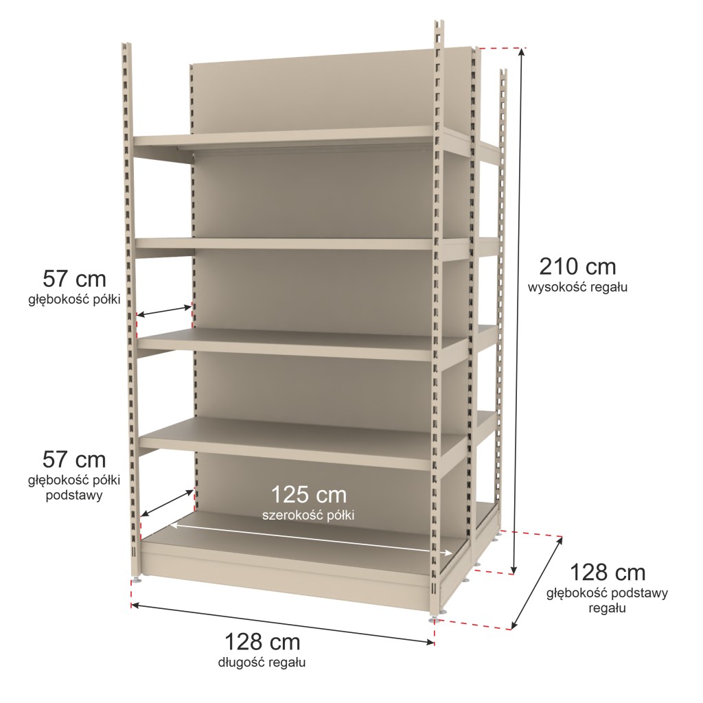 Regał sklepowy wzmocniony gondola Mago H-210 cm L-128 cm G-57 cm moduł bazowy kremowy MPP000782