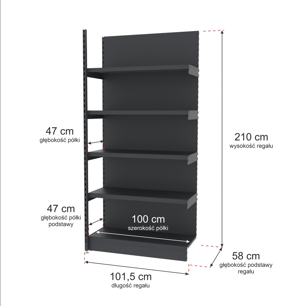 Regał sklepowy wzmocniony przyścienny Mago H-210 cm L-101,5 cm G-47 cm moduł dostawny grafitowy mpp000758