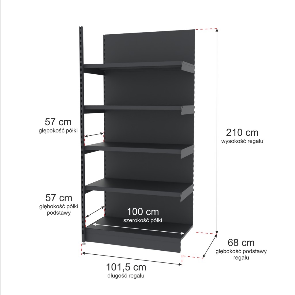 Regał sklepowy wzmocniony przyścienny Mago H-210 cm L-101,5 cm G-57 cm moduł dostawny grafitowy mpp000762