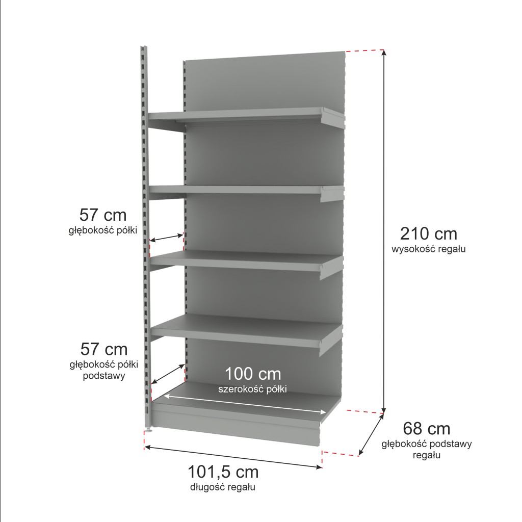 Regał sklepowy wzmocniony przyścienny Mago H-210 cm L-101,5 cm G-57 cm moduł dostawny jasny szary MPP000805