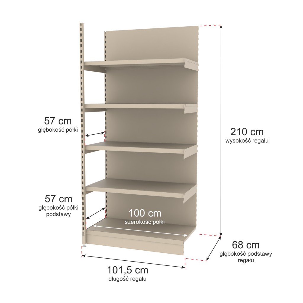 Regał sklepowy wzmocniony przyścienny Mago H-210 cm L-101,5 cm G-57 cm moduł dostawny kremowy MPP000797