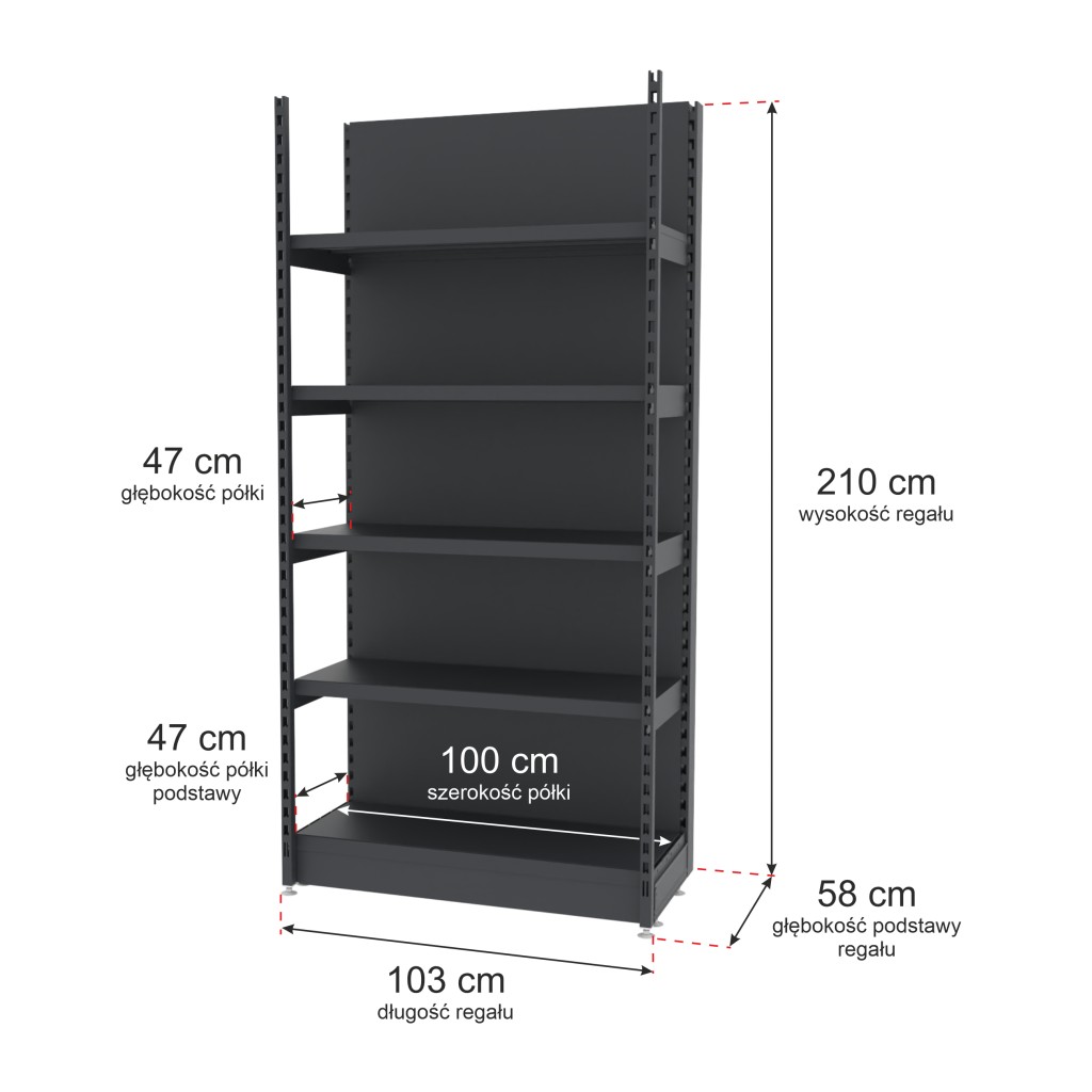 Regał sklepowy wzmocniony przyścienny Mago H-210 cm L-103 cm G-47 cm moduł bazowy grafitowy mpp000757