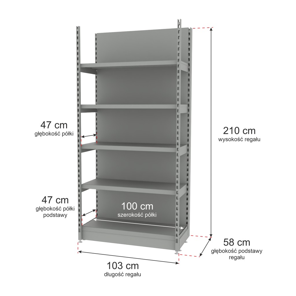 Regał sklepowy wzmocniony przyścienny Mago H-210 cm L-103 cm G-47 cm moduł bazowy jasny szary MPP000800