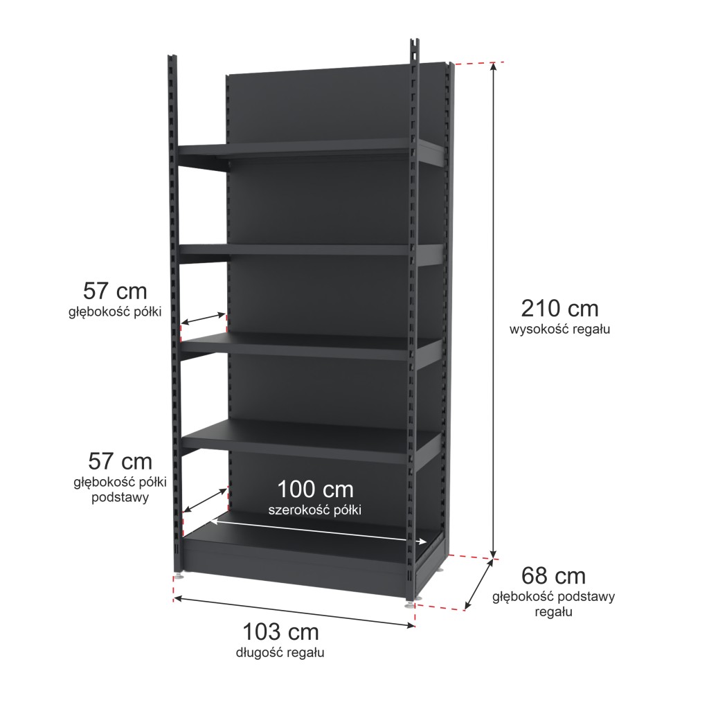 Regał sklepowy wzmocniony przyścienny Mago H-210 cm L-103 cm G-57 cm moduł bazowy grafitowy mpp000761