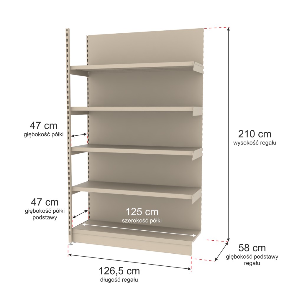 Regał sklepowy wzmocniony przyścienny Mago H-210 cm L-126,5 cm G-47 cm moduł dostawny kremowy MPP000795