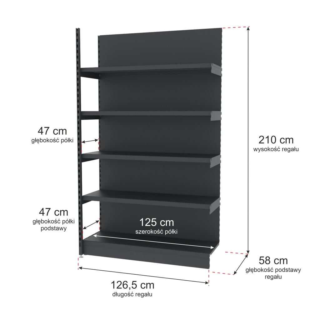 Regał sklepowy wzmocniony przyścienny Mago H-210 cm L-126,5 cm G-47cm moduł dostawny grafitowy mpp000760