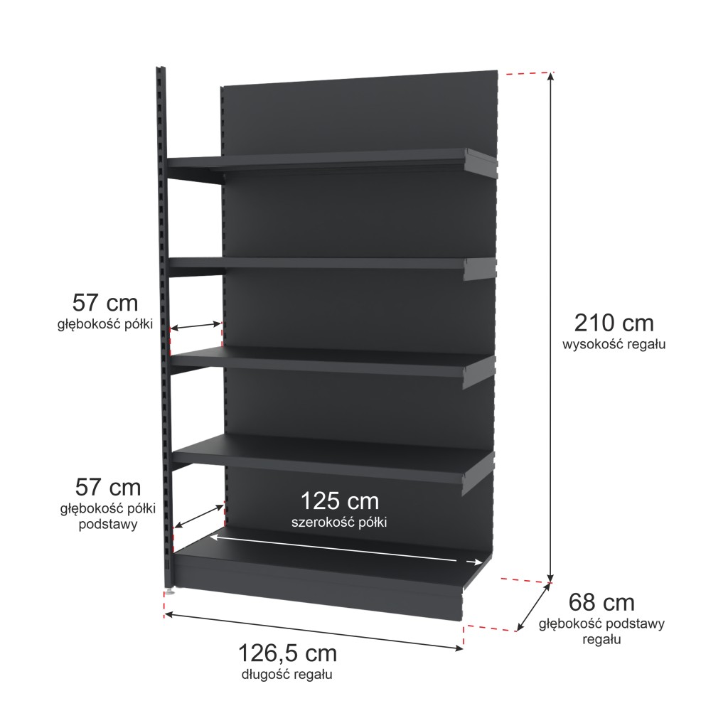 Regał sklepowy wzmocniony przyścienny Mago H-210 cm L-126,5 cm G-57 cm moduł dostawny grafitowy mpp000764