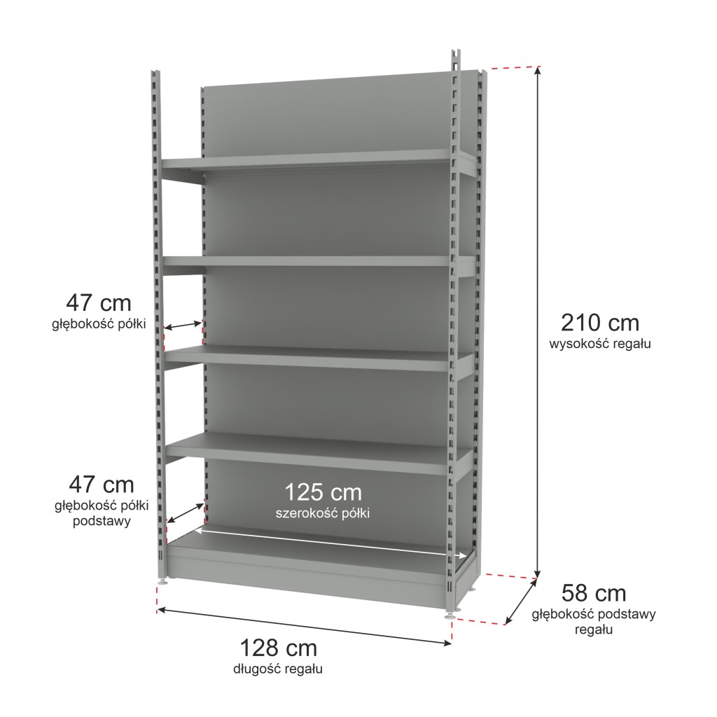 Regał sklepowy wzmocniony przyścienny Mago H-210 cm L-128 cm G-47 cm moduł bazowy jasny szary MPP000802